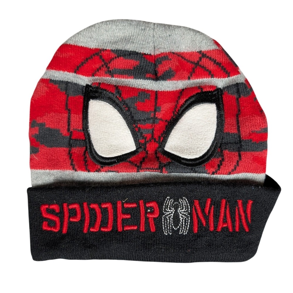 Marvel Spider-Man Knit Beanie Hat Red Grey Camo Web Embroidered Logo RN 14750